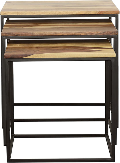 20" Natural Wood Stacking Nesting Tables, Set of Nesting Tables with Slender Metal Legs, Side Tables with Industrial Rustic Fusion for Versatile Home Living Spaces, Brown