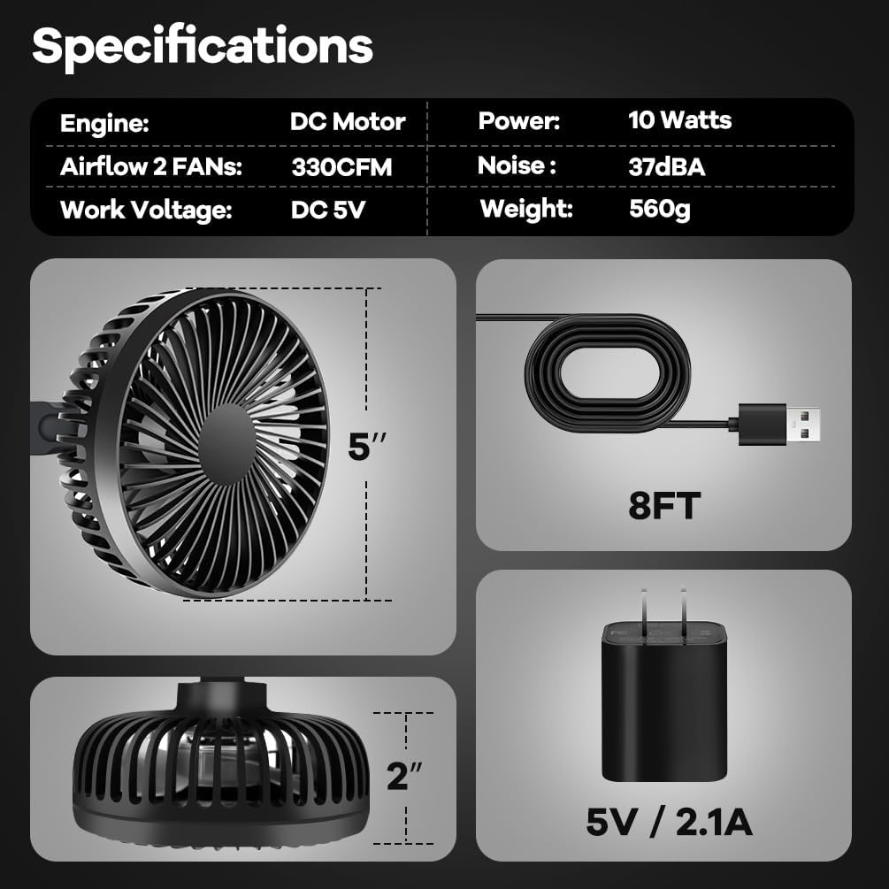 Grow Tent Fan, 5in Two Fans for Greenhouse Plant All Direction Ventilation Circulation Instead of Oscillating, Can Work with Timer and Thermostat, 3 Speeds IP54 Waterproof 8ft Cord Power Adapter