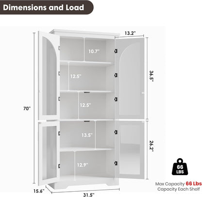Garvee 70" Tall Kitchen Pantry Cabinet - Modern Display Cabinet with 4 Arched Glass Doors and Adjustable Shelves, Versatile Cupboard Organizers for Kitchen, Dining Room, Living Room, Bathroom, White