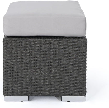 Hassyee PE Rattan Grey Patio Ottoman with Thick Cushions for Poolside, Lawn, Outdoor Square Foot Stool with Iron Frame for Living Room, Garden, Backyard, Classic Footrest