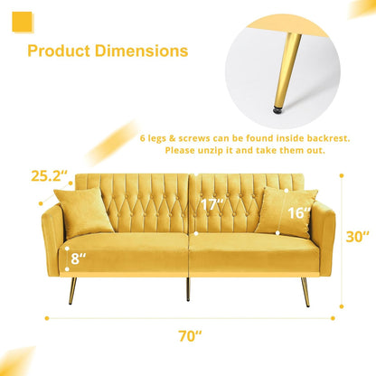 70” Velvet Futon Sofa Bed w/Adjustable Armrests & 2 Pillows, Convertible Futon Couch w/Adjustable Backrests, Modern Sleeper Bed for Living Room, Bedroom, Yellow