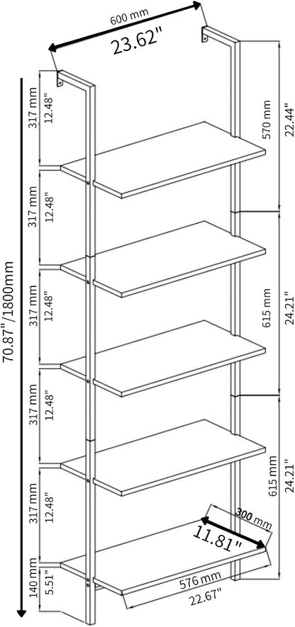 Karl home Oak 5 Tier Wall Mount Ladder Shelf, Metal Frame Open Bookcase