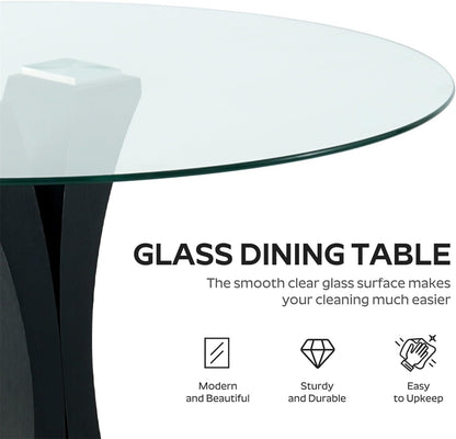 Round Dining Table, 47" Glass Dining Table for 4-6, Glass Kitchen Table with Robust Pedestal for Apartment Home Kitchen Living Room(Black)