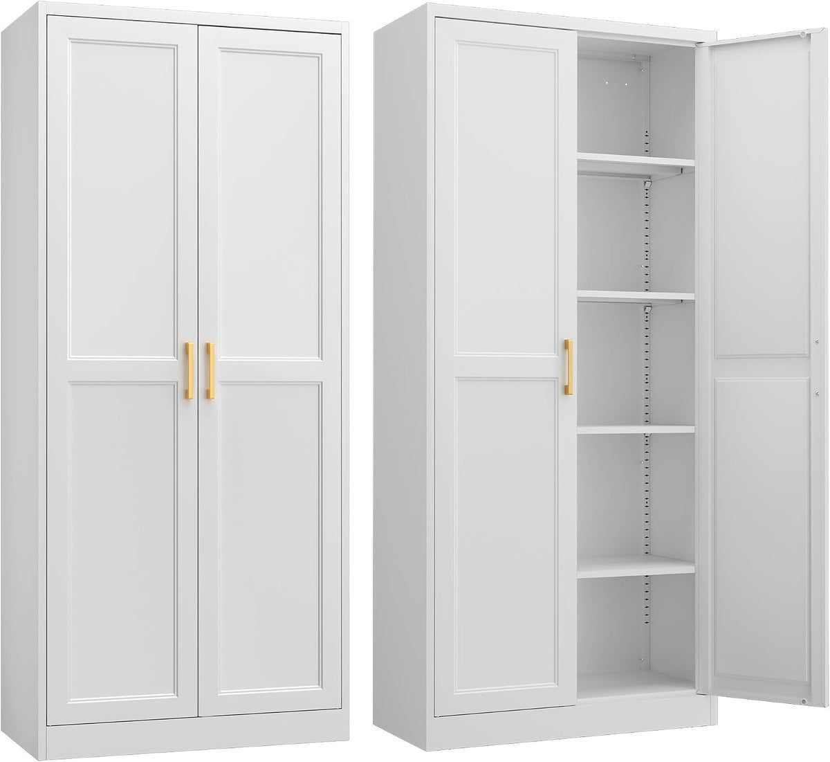 Steeloong 71"Metal Pantry Storage Cabinet with Doors & 4 Adjustable Shelves | Kitchen Pantry Cabinet,White Kitchen Cabinet with 2 Gold Handles,Tall Cabinet for Livingroom,Pantry, Bathroom,Kitchen