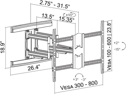 ynVISION.DESIGN Heavy Duty Full Motion TV Wall Mount for 65-100" TVs, XXL | Extends up to 31.5in, tilt swivel leveling, max VESA 800x600, fits flat, LED, LCD, OLED, 4K TVs, Max 154 LBS