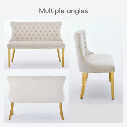 Velvet Double Dining Loveseat Bench with Wing Back, Tufted Upholstered 2-Seat Design,Golden Stainless Steel Legs, Modern Mid-Century Accent Seating for Dining Room, Kitchen, or Entryway (Beige)