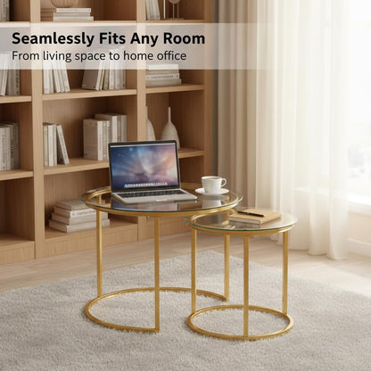 Round Nesting Coffee Table Set of 2, Glass Stacking Minimalist End Table | Modern Marble Pattern Wooden Nesting Tables for Living Room Bedroom Small Space, Clear Tempered Glass and Gold Leg