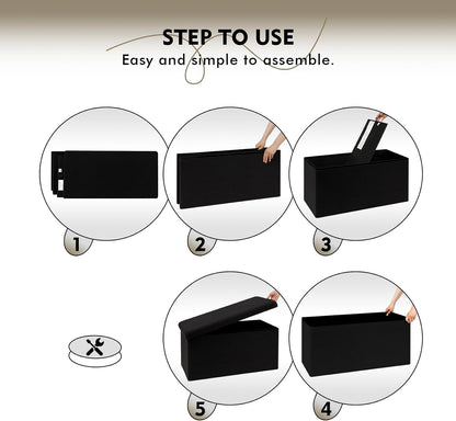 PINPLUS Folding Storage Ottoman Bench, Black Sherpa Ottoman for Living Room, Long Shoes Storage Chest Boxes Footrest Bench for Bedroom, Living Room, Entryway, 31.5Inches