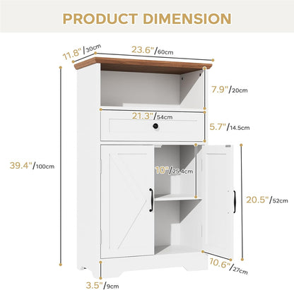 Floor Cabinet, Farmhouse Storage Cabinet with Barn Doors and Drawer, 11.81" D x 23.62" W x 39.37" H White Freestanding Adjustable Shelf Organizer for Bathroom, Kitchen, Living Room