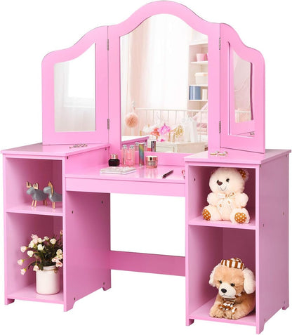 Costzon Kids Vanity, 2 in 1 Princess Makeup Desk Dressing Table with Detachable Top, Toddler Vanity with Tri-fold Mirror & Storage Shelves, Vanity Set for Little Girls, Pink