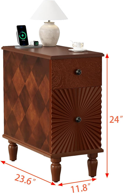 Narrow End Table with Charging Station, Slim Side Table with Drawers for Small Spaces, Long Nightstand with Storage, Traditional Small Bedside Cabinet for Living Room/Bedroom/Corner, Walnut