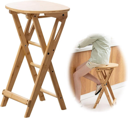 Foldable Stool 24inch Folding Bar Stool Wood Kitchen Stool Without Backrest for Kitchen Island Counter Height Folding Chairs Saves Space Breakfast Bar Stools with Footrest Garden Dining Chairs