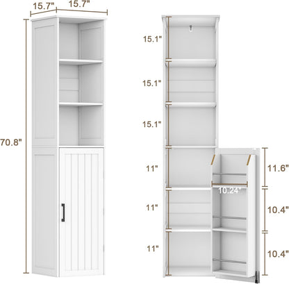 ChooChoo Narrow Kitchen Pantry Storage Cabinet, Slim Storage Cabinet with Adjustable Shelves and Open Shelves, Tall Freestanding Pantry Cabinet for Small Spaces, Kitchen, Dining Room, Bathroom, White