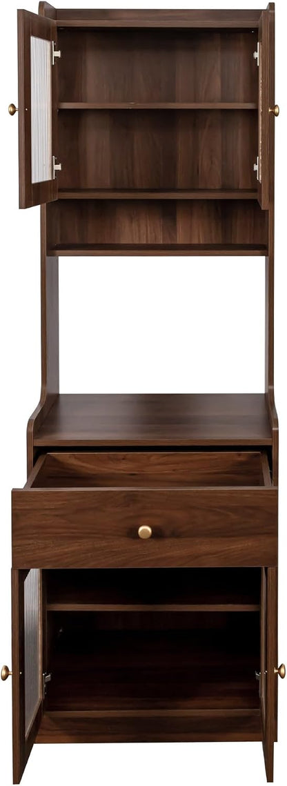 LUMISOL Modern Kitchen Pantry Cabinet with 2 Cabinets & Shelves for Dining Room, 70.87" Tall Cupboard Cabinet with Doors and Drawer, Kitchen Hutch with Microwave Stand for Living Room, Walnut