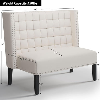 Andeworld Modern Loveseat Settee Bench Sofa Couch, Upholstered Banquette Dining Bench with Back for Dining Living Room Hallway or Entryway Seating,White