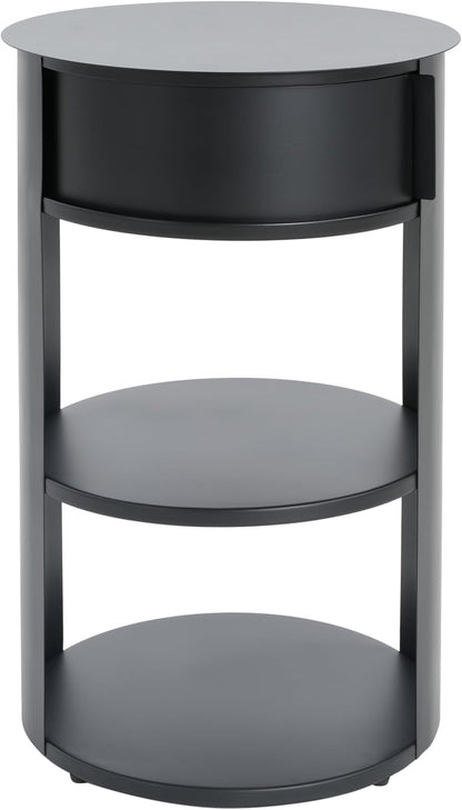GDFStudio 3-Tier Modern Round Side Table with Sliding Door Storage, Pre-Assembled Matte Black Metal End Table for Living Room or Office – Space-Saving Cylindrical Design with Open Shelves