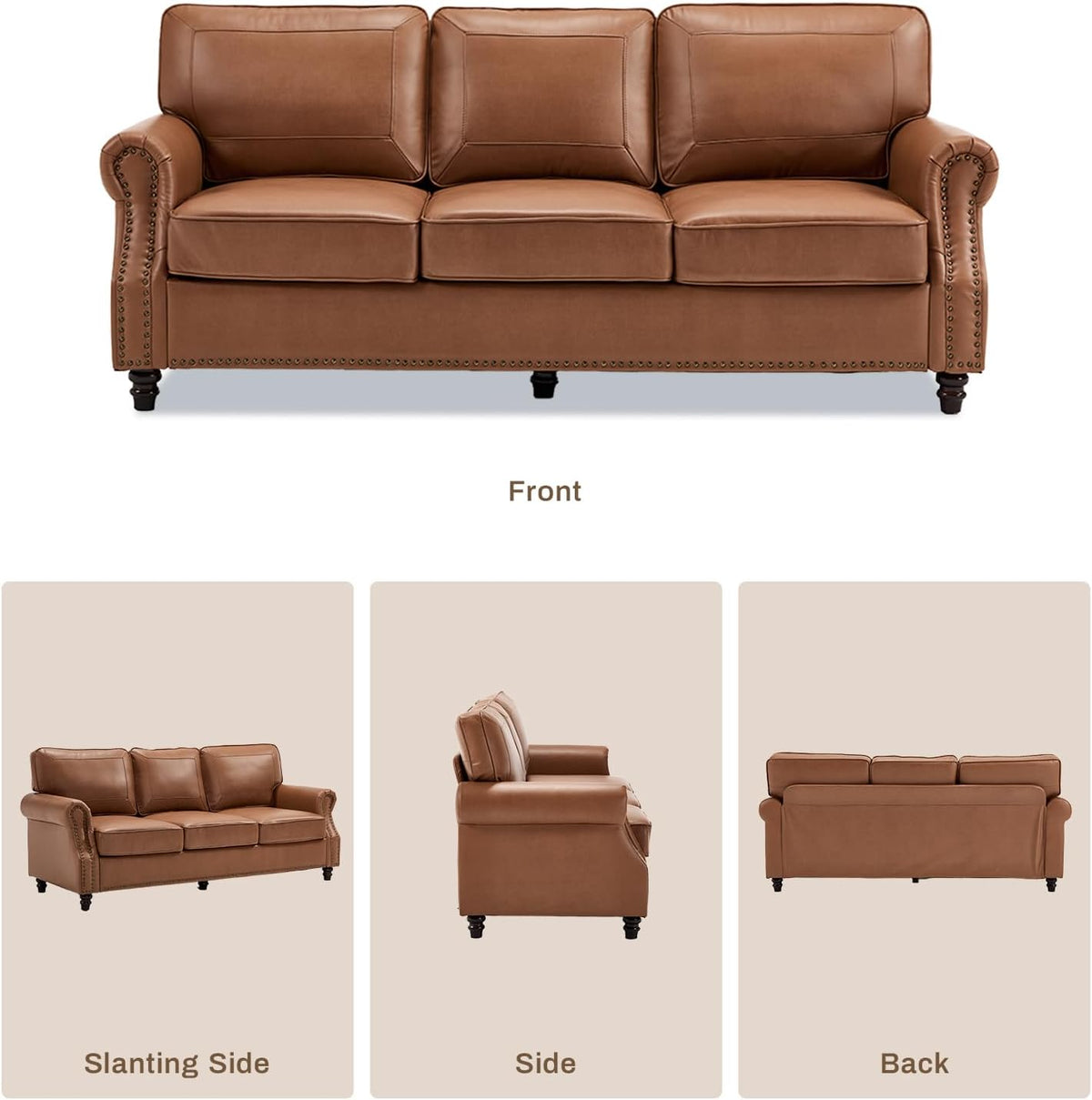Kingfun Mid-Century Modern Couch, Faux Leather Sofa, 3 Seater Couch for Living Room with Rolled arms & Nailhead Trim, Brown