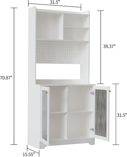 Kitchen Pantry Cabinet,71-Inch Freestanding Storage Cupboard with 7 Compartments, DIY Pegboard, 2 Glass Doors & Adjustable Shelves – Versatile Storage for Kitchen, Dining Room, Hallway(White)