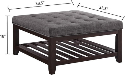 24KF Large Square Upholstered Tufted Linen Ottoman Coffee Table, Large Footrest Ottoman with Solid Wood Shelf-Dark Gray