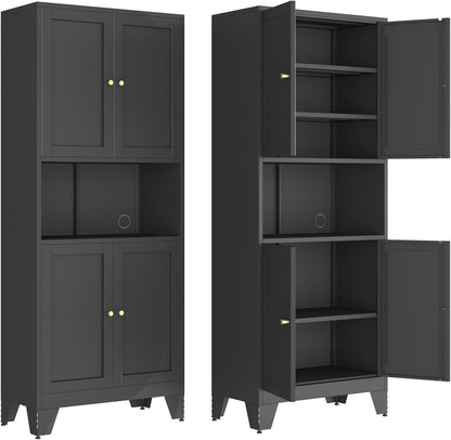 68.9'' Black Metal Kitchen Pantry Cabinet with Doors and Adjustable Shelves, Hutch Cabinet with Microwave Storage, Kitchen cabine can Also be Used in the Living Room.Bathroom, Home