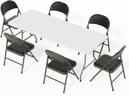 6FT White Plastic Folding Table Set with 6 Black PU Padded Chairs | Portable Foldable Tables and Chairs for Parties Picnic Events Office Dining Outdoor Activities Home and Commercial Use