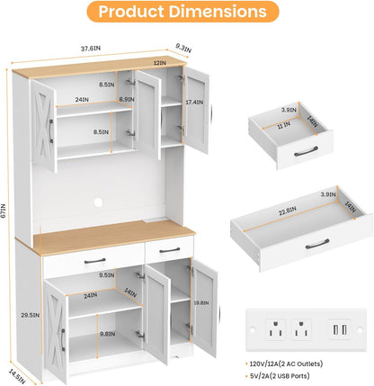 42" Tall Kitchen Pantry Storage Cabinet with Microwave Stand, with Charging Station, Farmhouse Food Pantry with Drawers for Living Room,Dining Room (White)