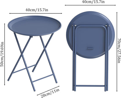 Garden 4 you Folding TV Tray Table, Metal Round Side Table, Blue Dinner Table with Metal Frame, Modern Outdoor Tray Table for Living Room, Bedroom, Patio & Small Spaces, 2 Packs