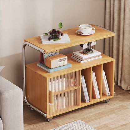 Modern Rolling Side Table End Table with Storage 360° Rollers Movable Night Stand Utility Cart Corner Table for Living Room (Natural)