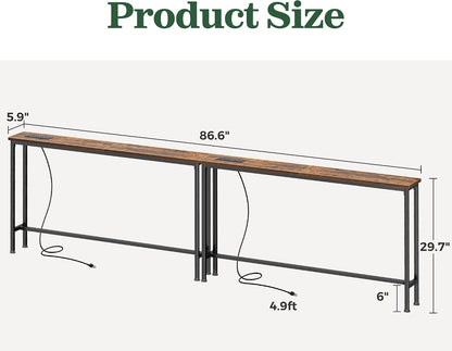 SUPERJARE 86.6 inch Narrow Behind Couch Table with Charging Stations | Power Outlet with USB-C Ports, Extra Storage Behind Sofa,Sofa Table Console Table for Entryway Living room, Rustic Brown