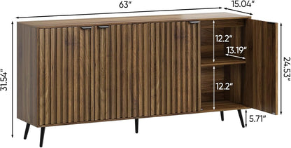 Smuxee 63" Fluted Sideboard Cabinet, Freestanding Walnut Buffet Cabinet with Adjustable Shelf, Wood Storage Cabinet for Living Room, Entryway, Hallway
