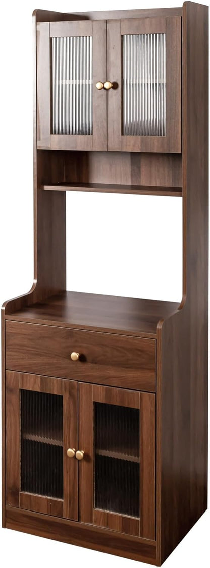 Modern Buffet with Hutch, Kitchen Pantry Storage Cabinet with 4 Glass Doors and Microwave Space for Dining Room, Living Room, Walnut