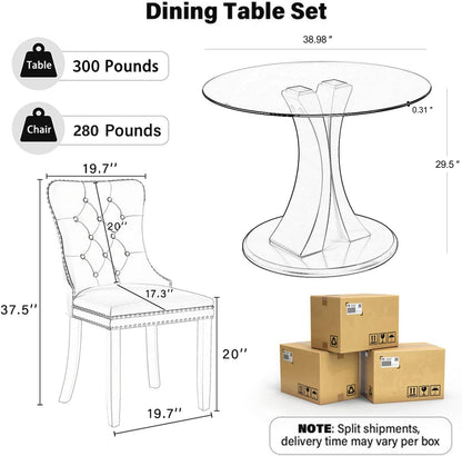 5-Piece Dining Table Set with 39In Tempered Glass Table and 4 Velvet Upholstered Chairs, Modern Scandinavian Furniture for Dining Room Kitchen(Black)