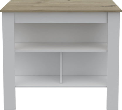 Kitchen Island with Three Shelves and Four Legs - Light Oak/White | Three shelves and four legs for stable support and ample storage