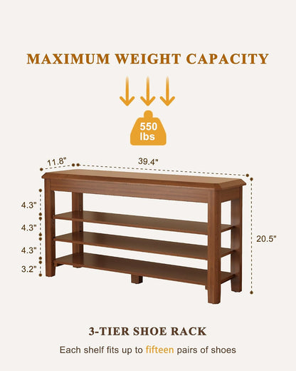 IUNVR Shoe Rack Bench Seat Rubberwood 3-Tier Wooden Storage Bench 550lbs Compact Mid-Century Modern Design for Entryway, Hallway, Closet, Front Door Entrance, Foyer