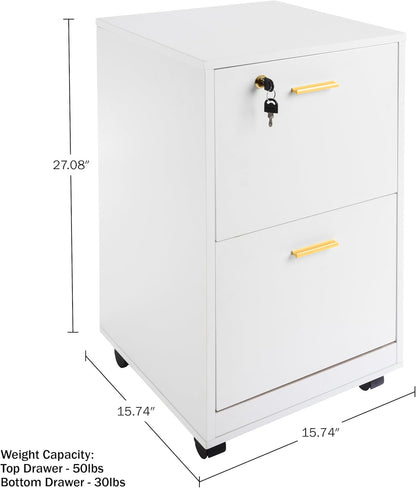 Lavish Home 2 Drawer File Cabinet - Filing Cabinet with Lock - Rolling File Cabinet for Under Desk Storage - Wood Filing Cabinet for Home or Office Organization (White)