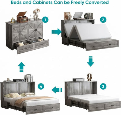 BALUS Queen Murphy Bed, Chest Murphy Bed with Built in USB Chariging Station & Storage Drawer, Solid Wood Cabinet Bed, Queen Hidden Bed for Guest/Living Room/Bedroom, No Mattress-Grey