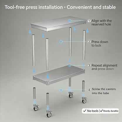 24x48 Stainless Steel Prep Table with Wheels, 1000 lbs, Kitchen, BBQ | Thickened Stainless Steel, 1000-Lb Capacity, Tool-Free Press-Fit Setup, 2-Tier Storage, 4 Locking Casters, 31.5-Inch Height