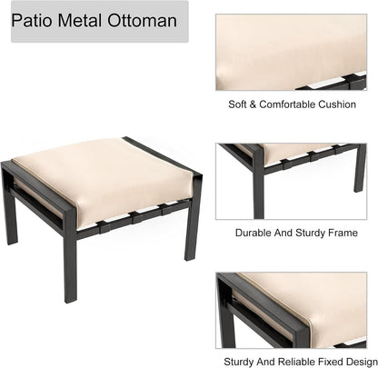 LOKATSE HOME Outdoor Patio Ottoman Metal Footstool with Soft Thick Cushion for Backyard Deck Lawn Garden, Beige