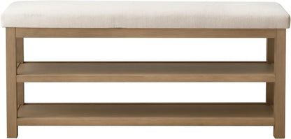 Zihanhome 2 Tier Shoe Rack Bench with Cushion, Solid Wood Shoe Benches, Mid-Century Modern Shoe Storage Bench for Entryway, Hallway, Living Room, Closet, Front Door Entrance, (Beige, 46.5")