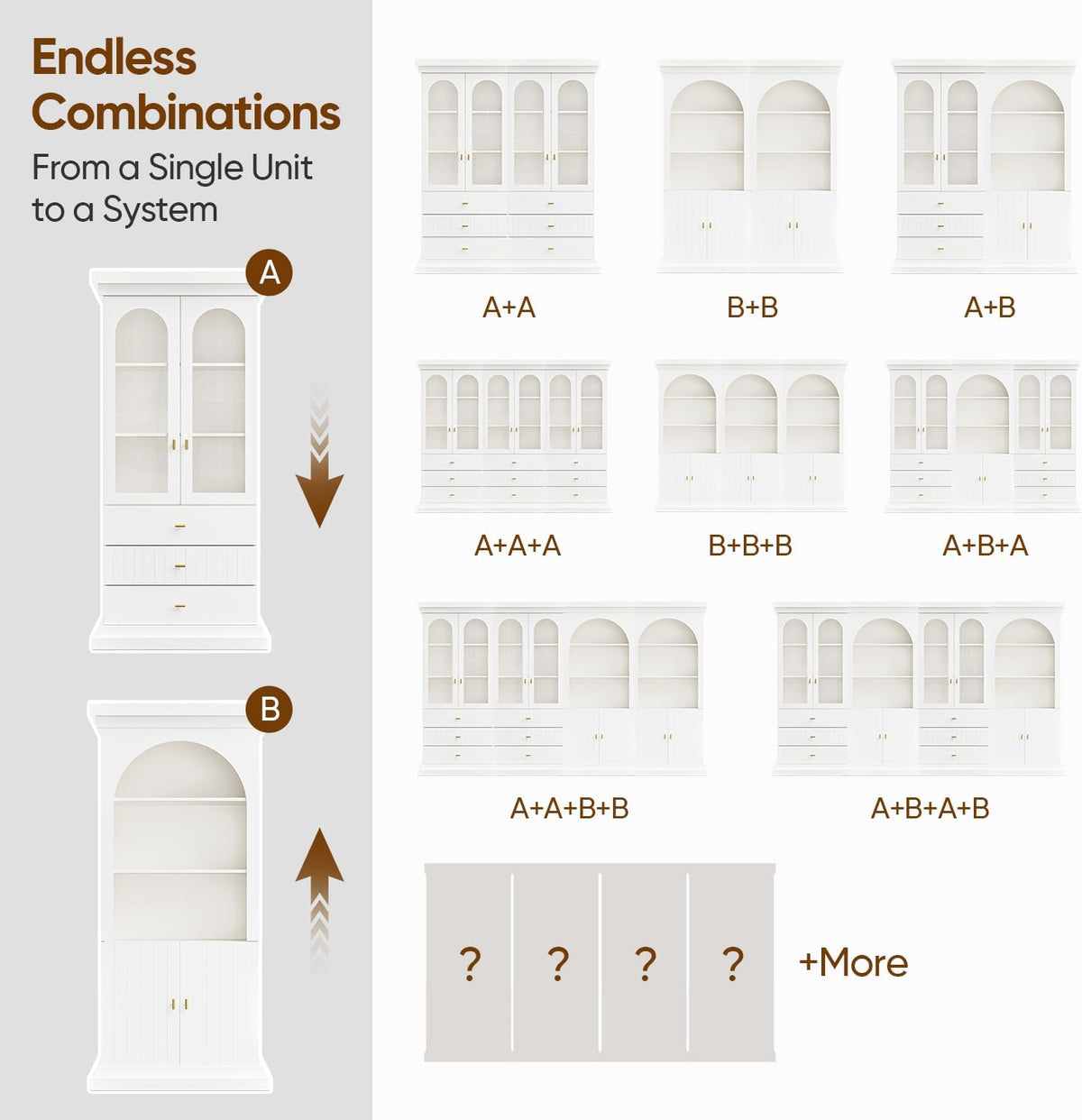Vyre 71" Arched Kitchen Cabinet with Glass Doors, Tall Display and Storage Cabinet with Drawers for Dining Room or Living Room, Modern Pantry Cabinet with Gold Handles, White