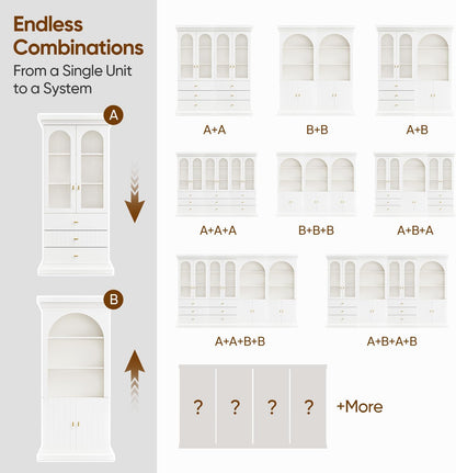Vyre 71" Arched Kitchen Cabinet with Glass Doors, Tall Display and Storage Cabinet with Drawers for Dining Room or Living Room, Modern Pantry Cabinet with Gold Handles, White