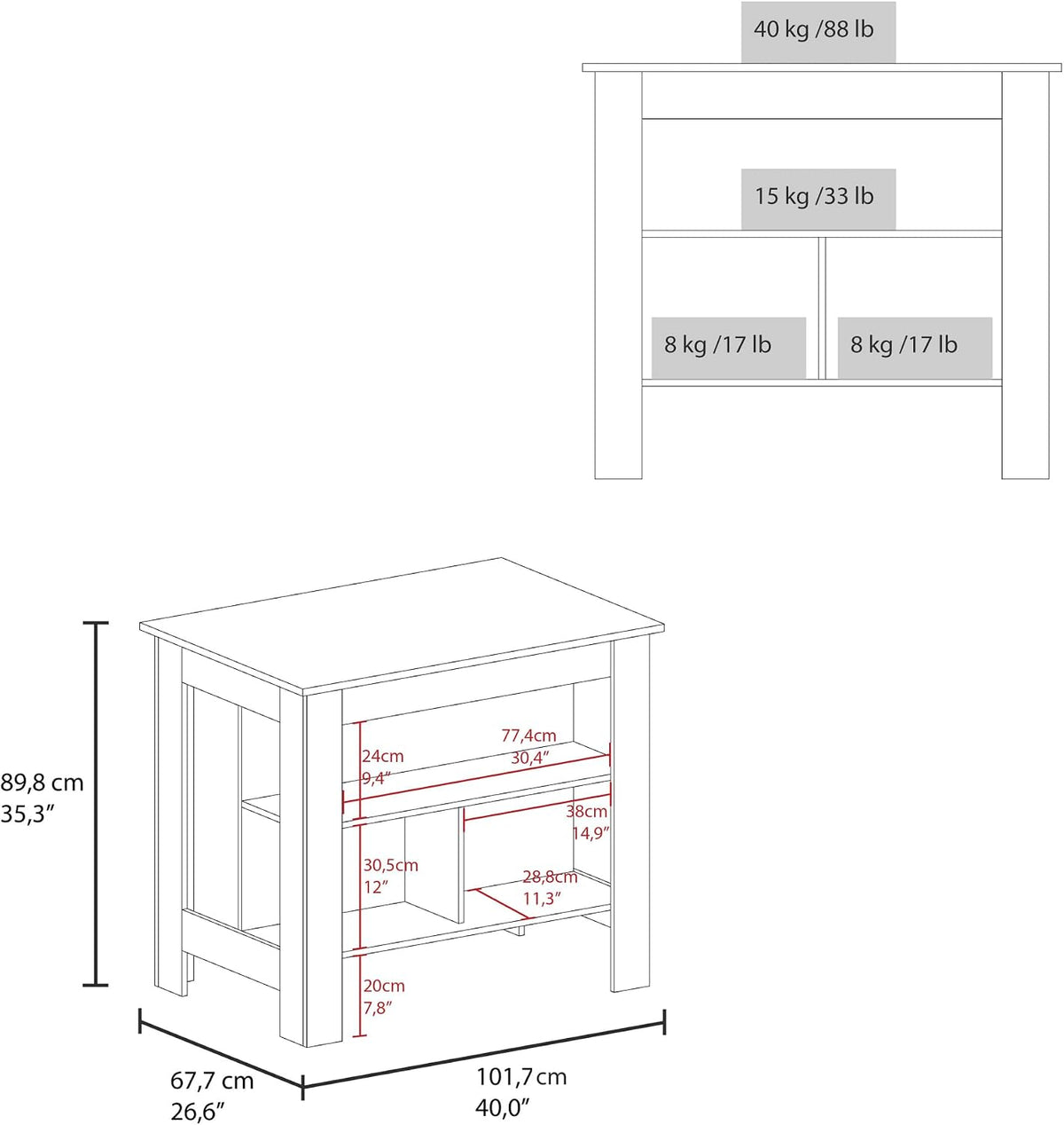 Kitchen Island with Three Open Shelves and Four Legs | Three open shelves for storage and organization