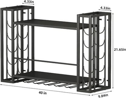 Wall Mounted Wine Rack with Glass Holder, 40" W x 9.8" D x 21.6" H | Hanging Floating Bar Liquor Shelves, Metal Bottle Holder Wine Storage Display Shelf for Home Bar Dining Room Kitchen