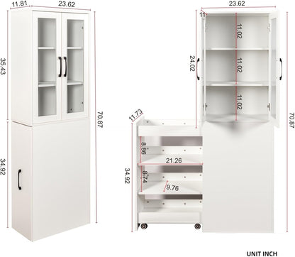 KEIKI 70.87" H Kitchen Pantry Storage Cabinet with Pull-Out Shelf, Glass Doors, Tall Modern Wooden Display Cabinet, Bookshelf, Bookcase, Food Pantries for Dining Room, Living Room Home Office, White