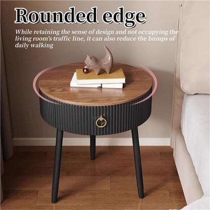 Modern Round End Table with Drawer Wood Double Storage Nightstand Side Table for Living Room Multi Scenario Use(Black,50cm)
