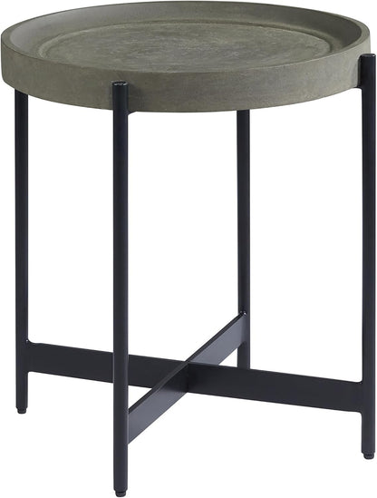 Brookline 20-Inch Round Wood End Table with Concrete Coating and Powder-Coated Iron Legs – Tray Style Top Home Accent for Living Room, Bedroom or Office by Alaterre Furniture (Gray)