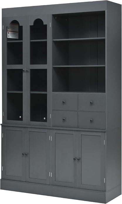 Merax Wood Kitchen Pantry with 4 Drawers, 3 Cabinets and Hutch, Tall Cupboard Dining Storage Cabinet with Door Shelves and Pull-Out Trays for Living Room, Kitchen, Dining Room Gray
