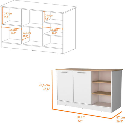 Melamine Kitchen Island with Two Doors and Three Open Shelves | two doors with internal shelves and three open storage shelves