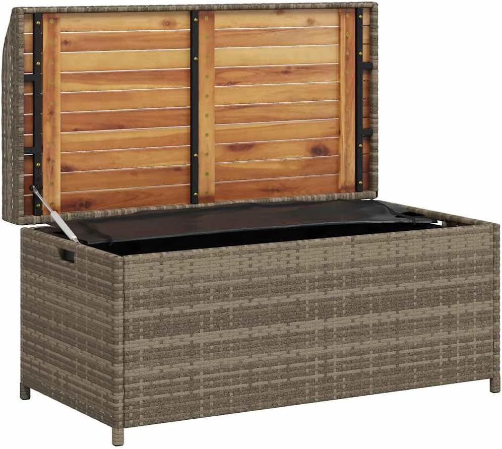 Gray Outdoor Storage Bench with Waterproof Bag, 39.4"x19.7"x20.5" Poly Rattan and Acacia Wood Patio Seat Box