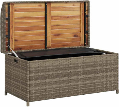 Gray Outdoor Storage Bench with Waterproof Bag, 39.4"x19.7"x20.5" Poly Rattan and Acacia Wood Patio Seat Box